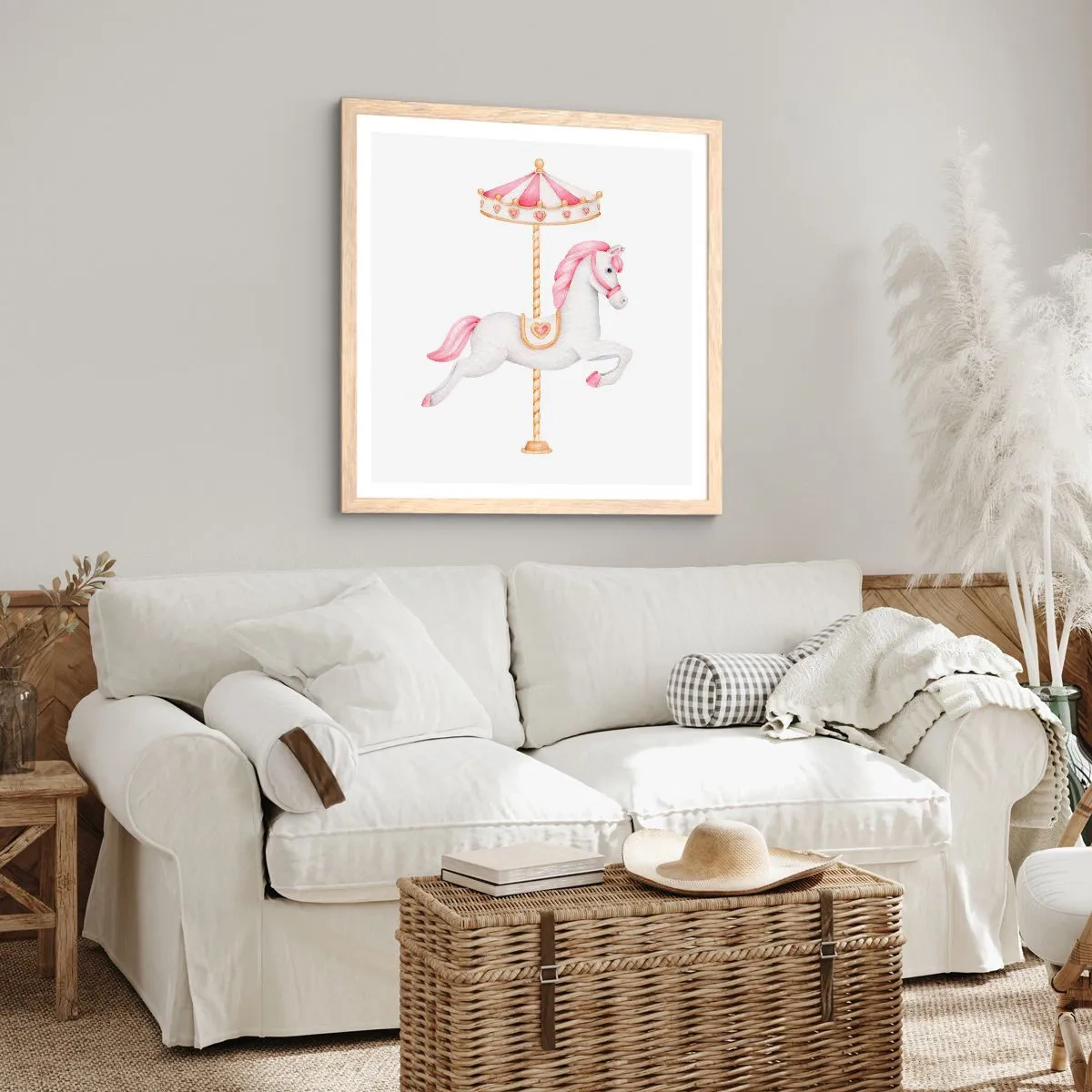 Plakat i ramme af lyst egetræ - Han satte af sted med en hov - 60x60 cm