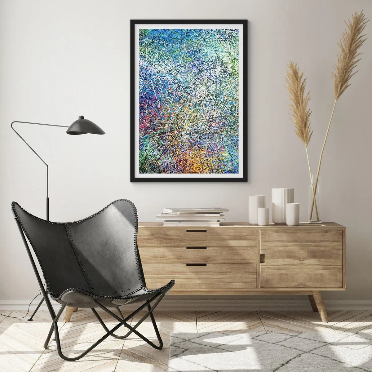 Plakat i sort ramme - Farverig abstraktion med dynamiske linjer og blå nuancer - 50x70cm - Så enkelt er det ikke - Moderne vægdekoration til stue og soveværelse ARTTOR