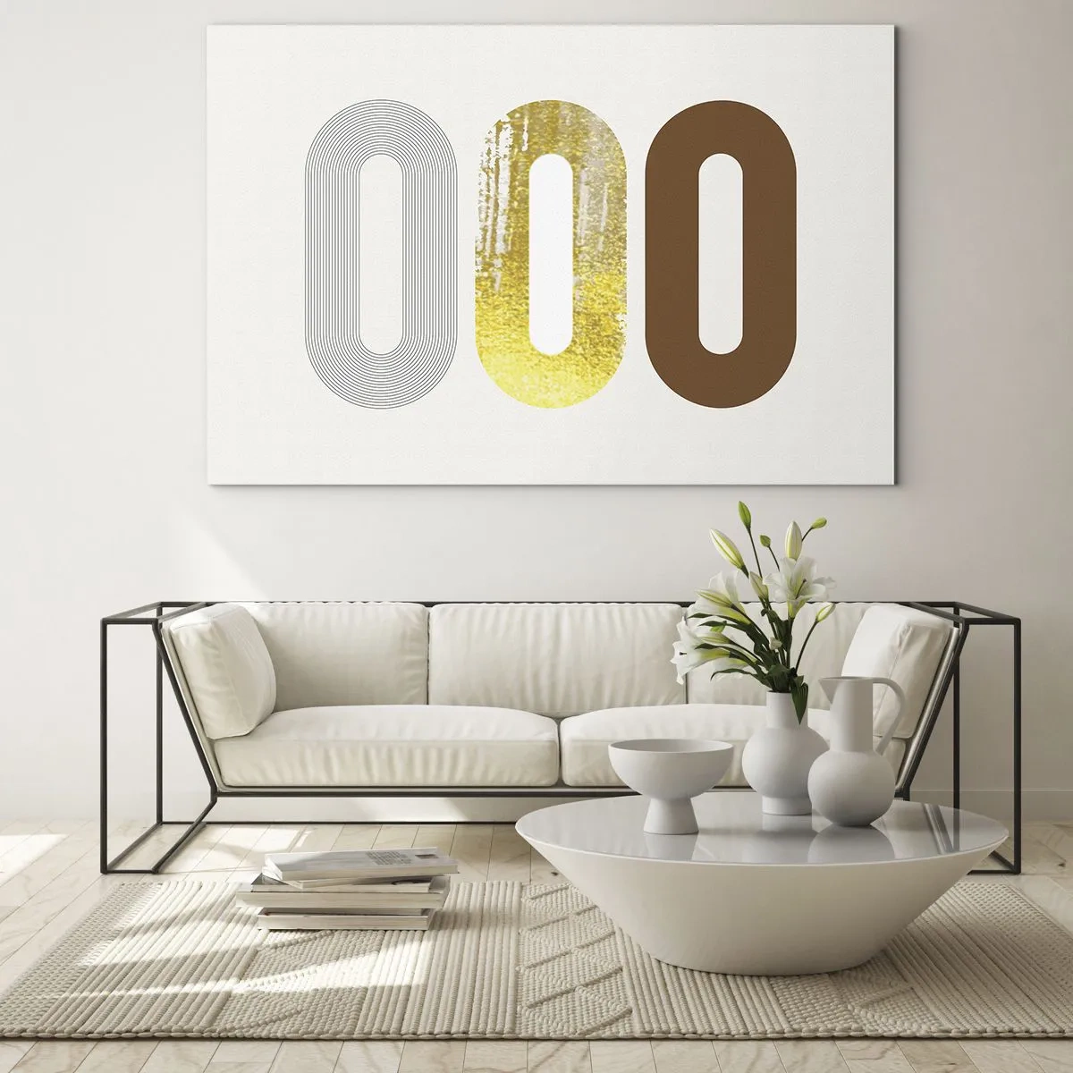 Billede på glas - Moderne geometrisk grafik i guld og bronze - 70x50cm - Åhhh! - Moderne vægdekoration til stue og soveværelse ARTTOR