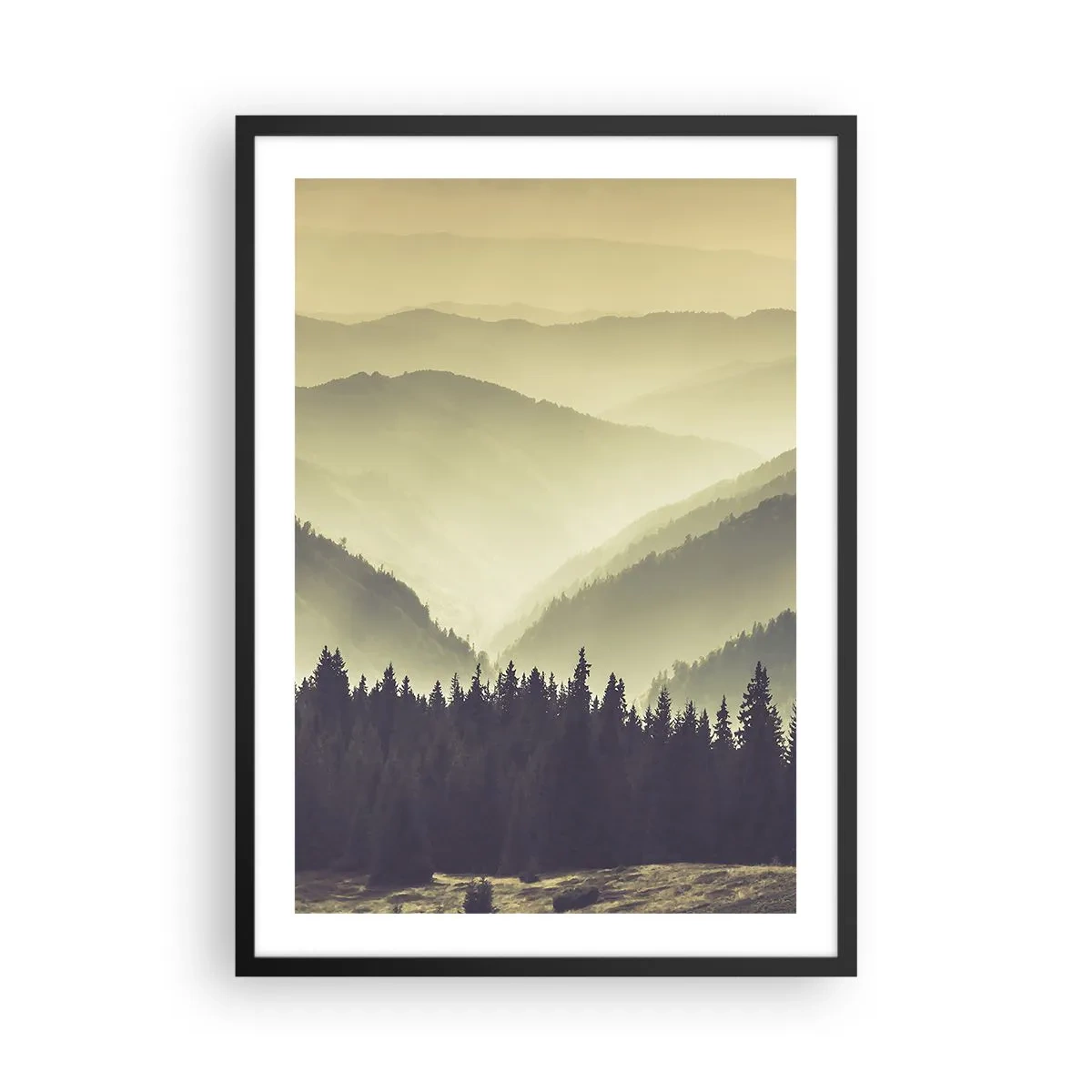Plakat i sort ramme - Tåget panorama af bjerge med skov - 50x70cm - Bag de syv bjerge... - Moderne vægdekoration til stue og soveværelse ARTTOR
