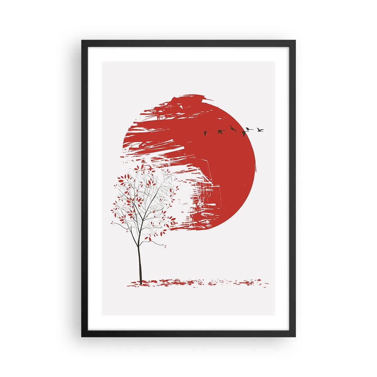 Plakat i sort ramme - Rød cirkel med træ og fugle i minimalistisk stil - 50x70cm - Kender du dette land? - Moderne vægdekoration til stue og soveværelse ARTTOR