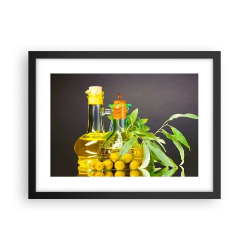 Plakat i sort ramme - Stilleben med oliven og olie - 40x30 cm