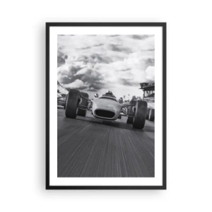 Plakat i sort ramme - Retro racerbil på bane i sort og hvid - 50x70cm - Der er kraft! - Moderne vægdekoration til stue og soveværelse ARTTOR