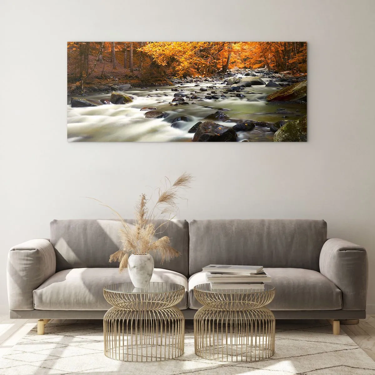 Billede på glas - Et vandløb i den gyldne skov - 90x30 cm