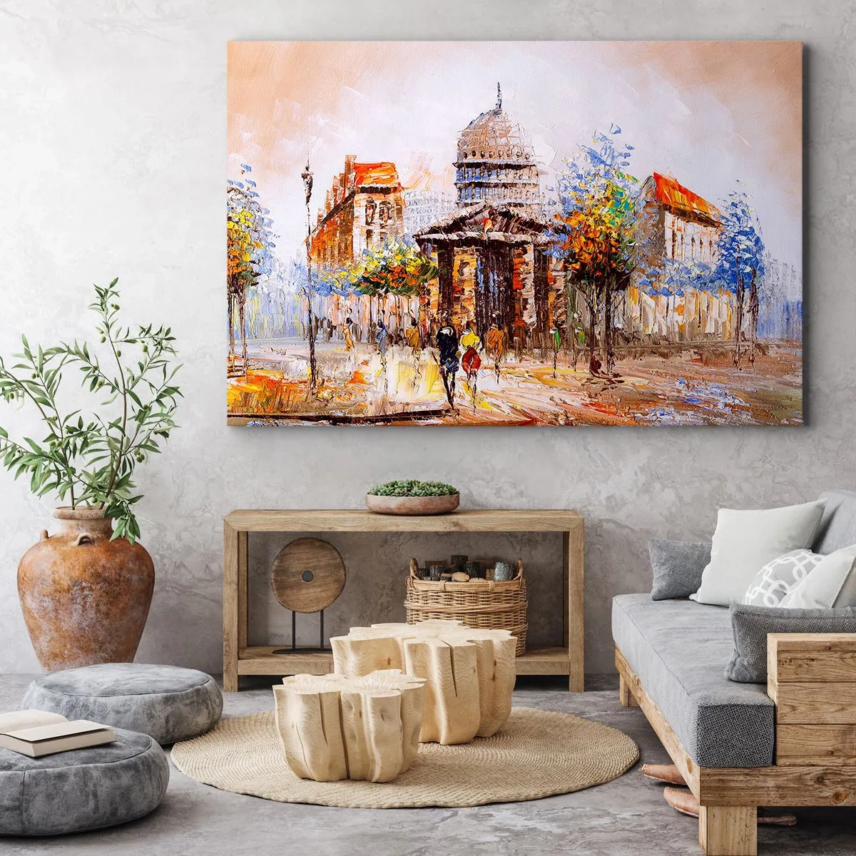 Lærredstryk - Billede på lærred - Impressionistisk byscene med en historisk bygning - 70x50cm - En parisisk spadseretur - Moderne vægdekoration til stue og soveværelse ARTTOR