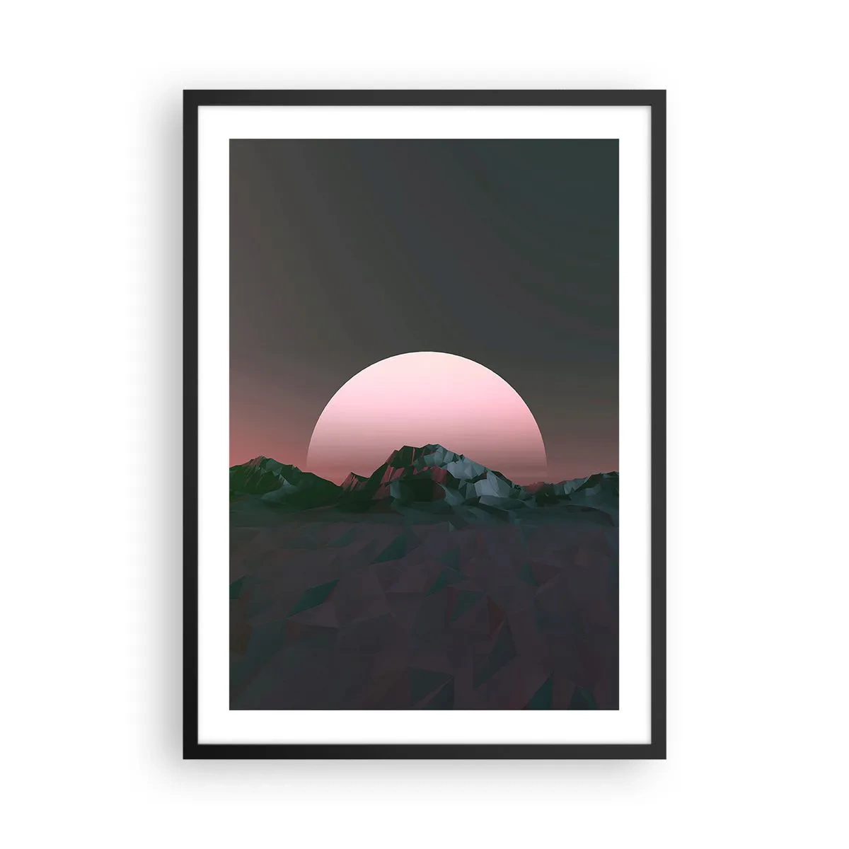 Plakat i sort ramme - Fantasilandskab med en lyserød måne og bjerge - 50x70cm - I en nabogalakse - Moderne vægdekoration til stue og soveværelse ARTTOR