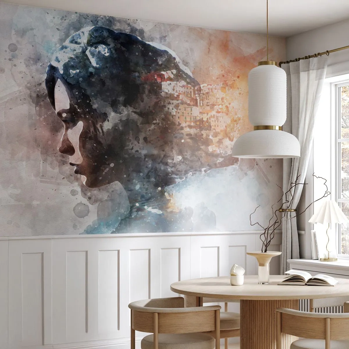 Fototapet Premium Canvas - Historien om en pige med en by i baggrunden - Abstraktion, Kvinde, Arkitektur - 300x210 cm