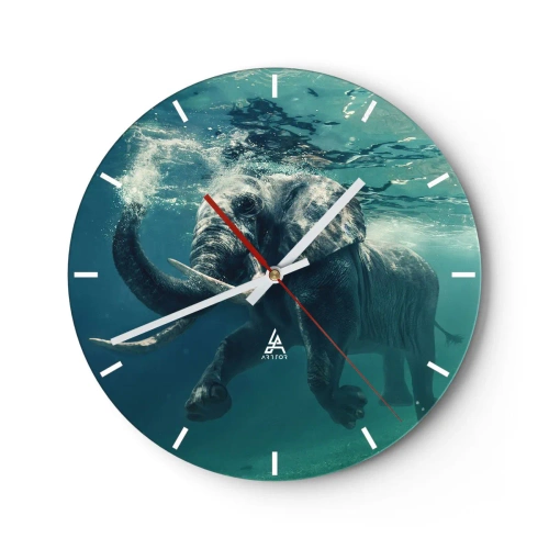 Vægur, Uret - En elefant, der svømmer under vandet i sine naturlige omgivelser - 30x30cm - Alle kan lide at svømme - Moderne vægdekoration til stue, køkken og soveværelse ARTTOR