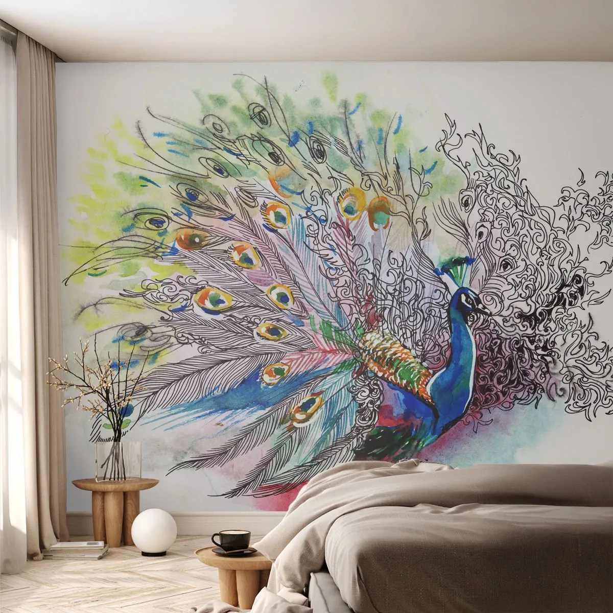 Fototapet Standard Eco - Akvarel illustration af en påfugl med en flot hale - 100x70cm - Med stolthed mod grå  - Moderne vægdekoration til stue og soveværelse ARTTOR