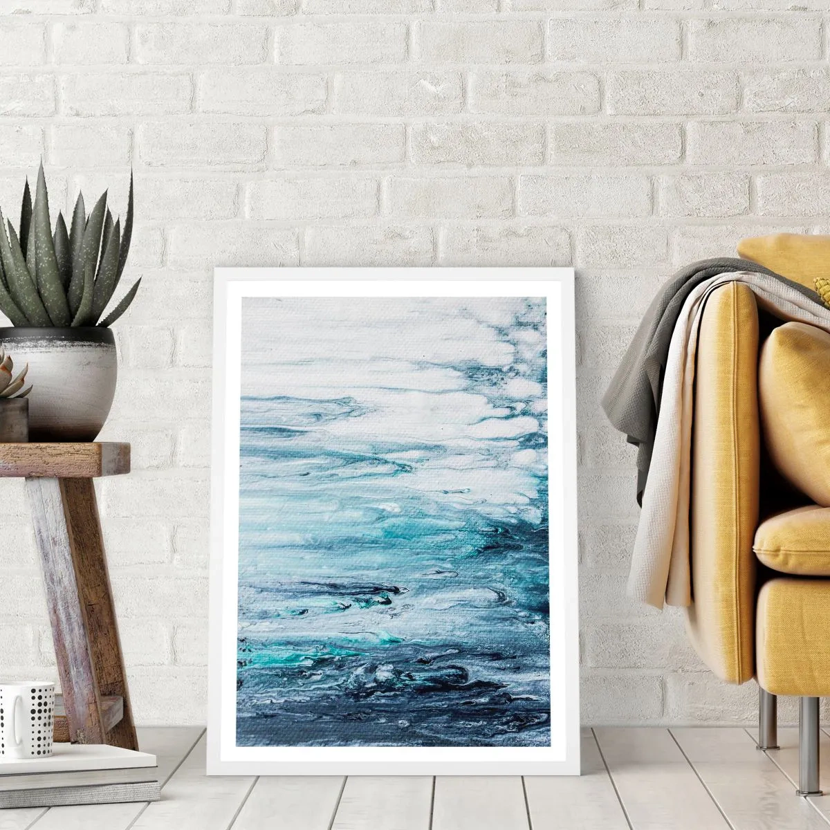 Plakat i hvid ramme - Blå istapper - 30x40 cm