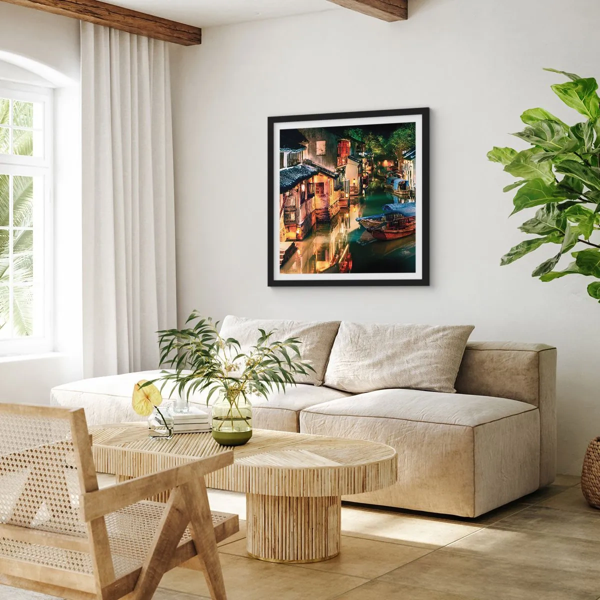 Plakat i sort ramme - En aften på en kinesisk gade - 60x60 cm