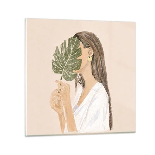 Billede på glas - Mystisk portræt med en vifte - 70x70 cm