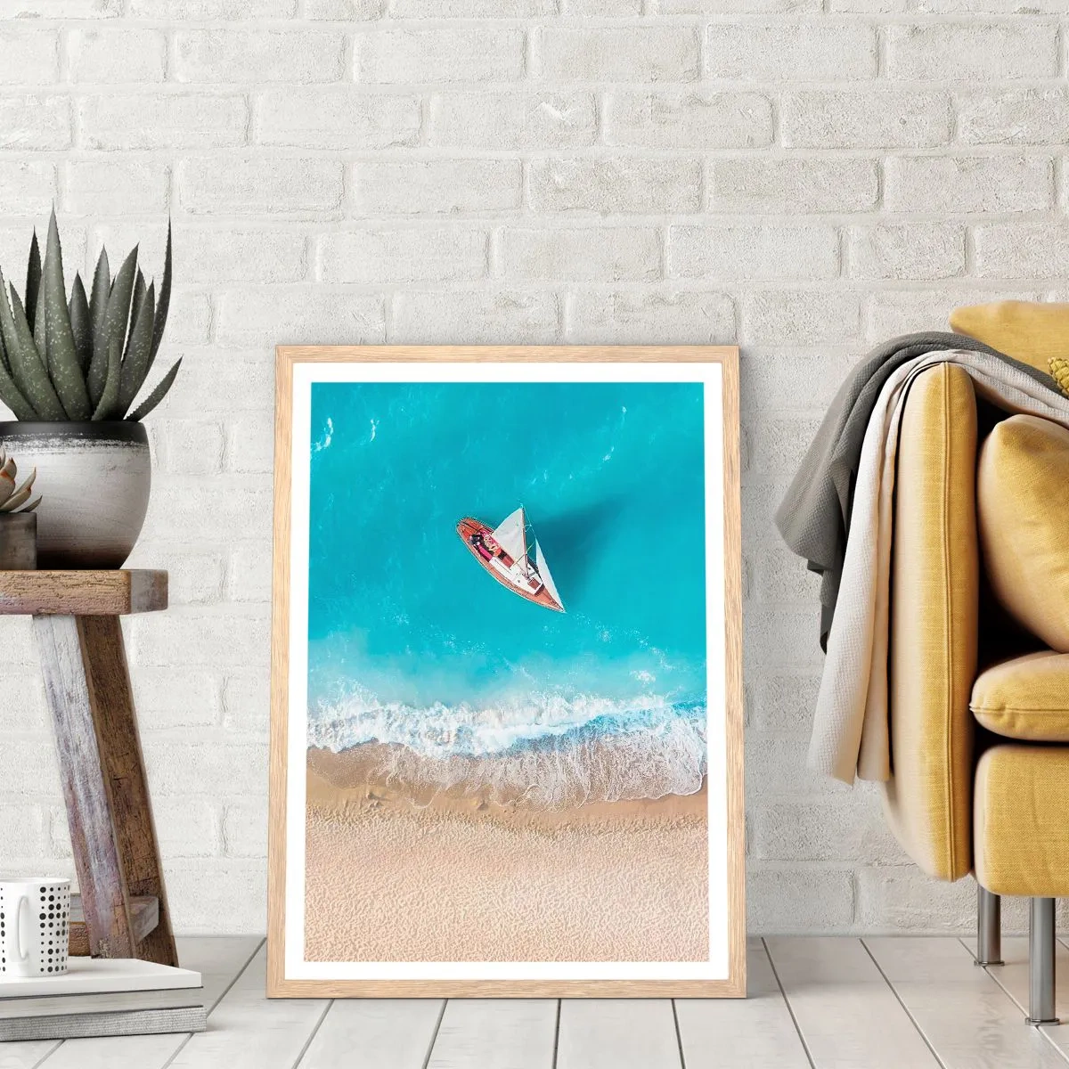 Plakat i ramme af lyst egetræ - På grænsen mellem blå og guld - 50x70 cm