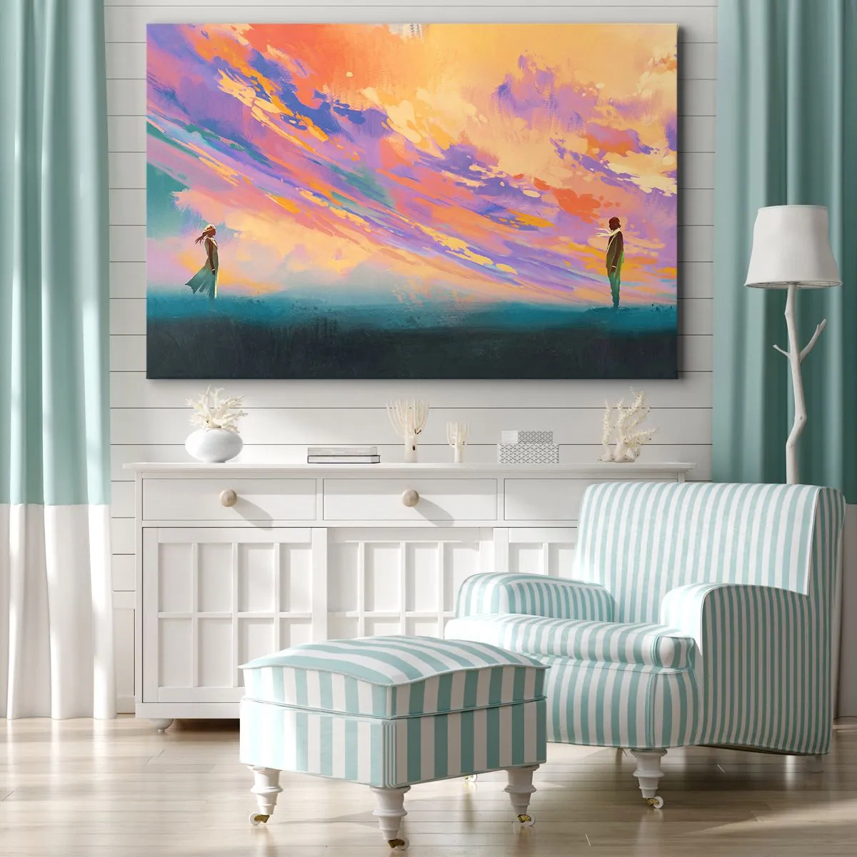 Lærredstryk - Billede på lærred - En dynamisk scene med figurer mod en farverig solnedgangshimmel - 70x50cm - Tiltrækningskraft - Moderne vægdekoration til stue og soveværelse ARTTOR