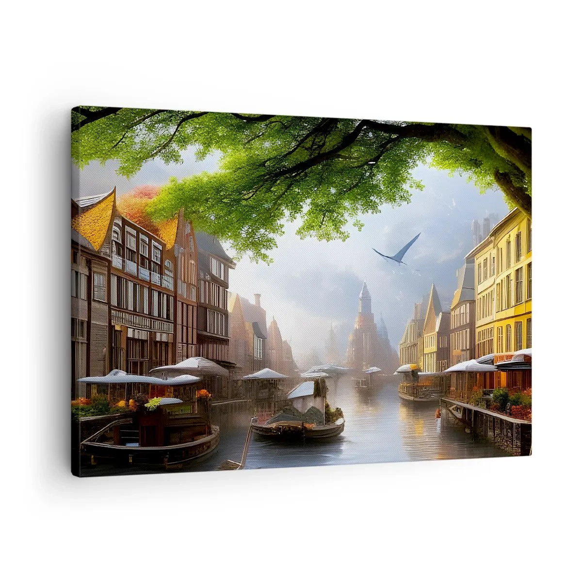 Lærredstryk - Billede på lærred - Et malerisk hollandsk landskab med en kanal og lejlighedshuse - 70x50cm - Hollandsk bybillede - Moderne vægdekoration til stue og soveværelse ARTTOR