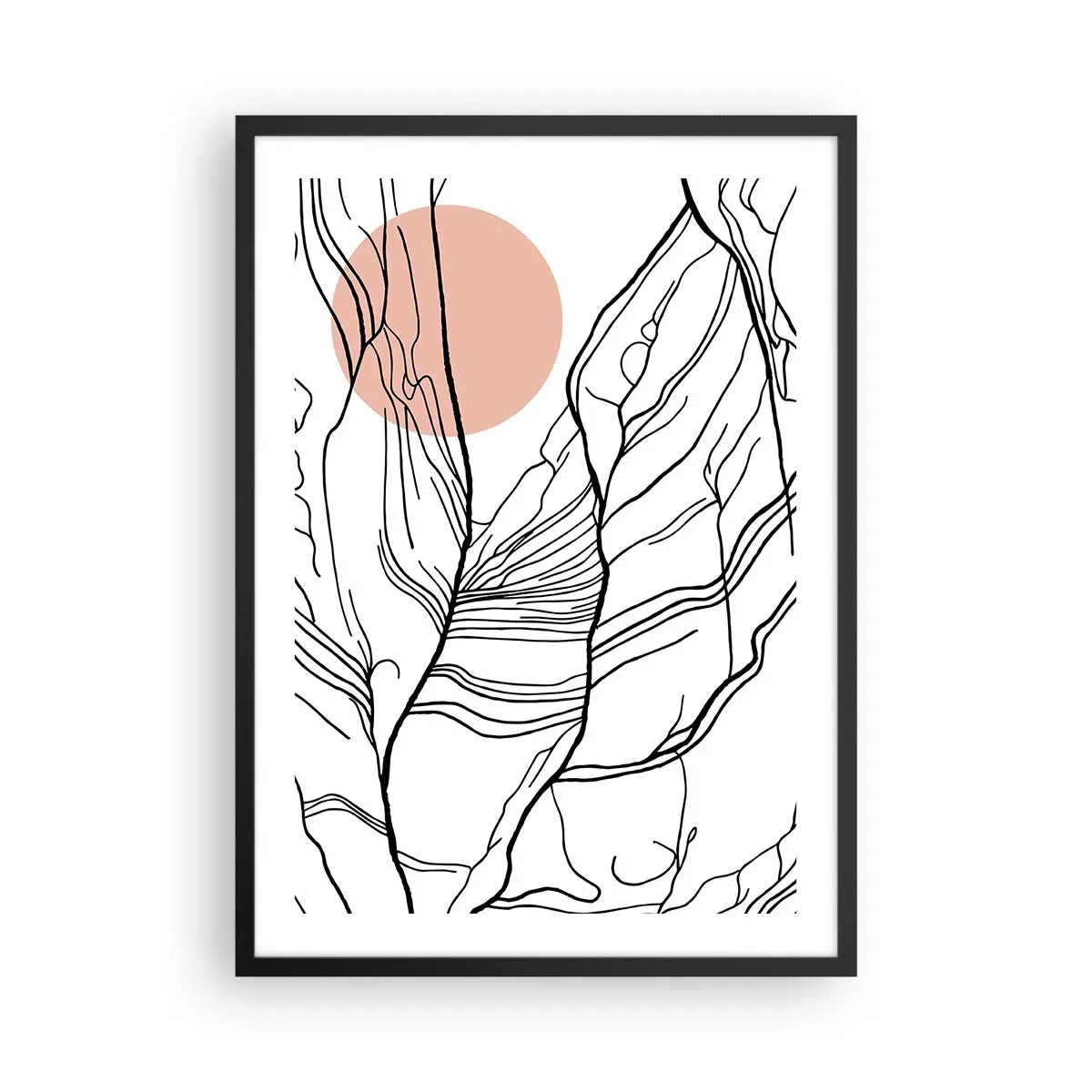 Plakat i sort ramme - Minimalistisk stregtegning med en lyserød cirkel i baggrunden - 50x70cm - I et netværk af kviste - Moderne vægdekoration til stue og soveværelse ARTTOR