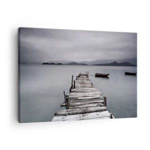 Lærredstryk - Billede på lærred - En træbro, der fører til søens rolige overflade - 70x50cm - Du kan tage af sted i morgen - Moderne vægdekoration til stue og soveværelse ARTTOR
