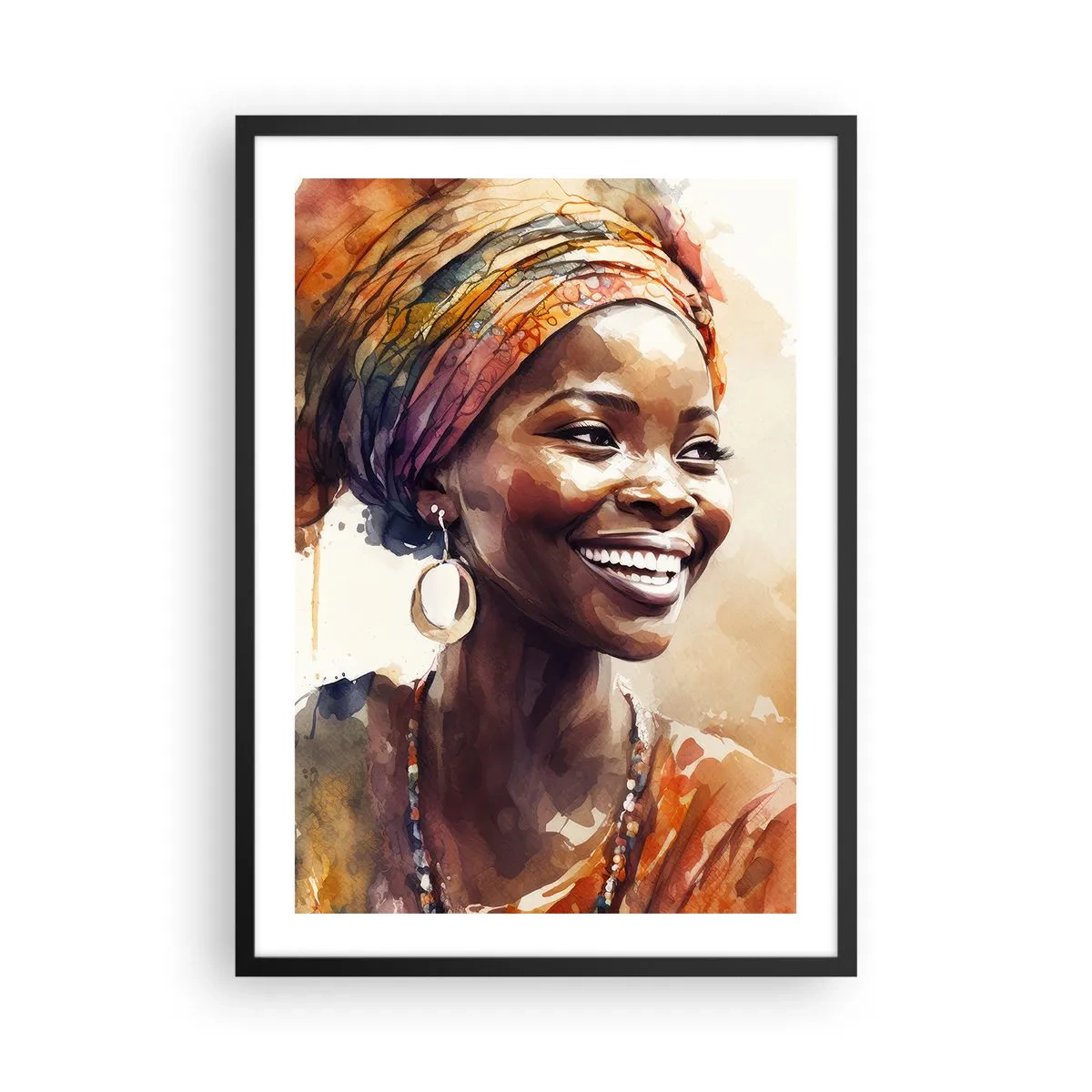 Plakat i sort ramme - Portræt af en smilende kvinde i en farverig turban - 50x70cm - Afrikansk dronning - Moderne vægdekoration til stue og soveværelse ARTTOR