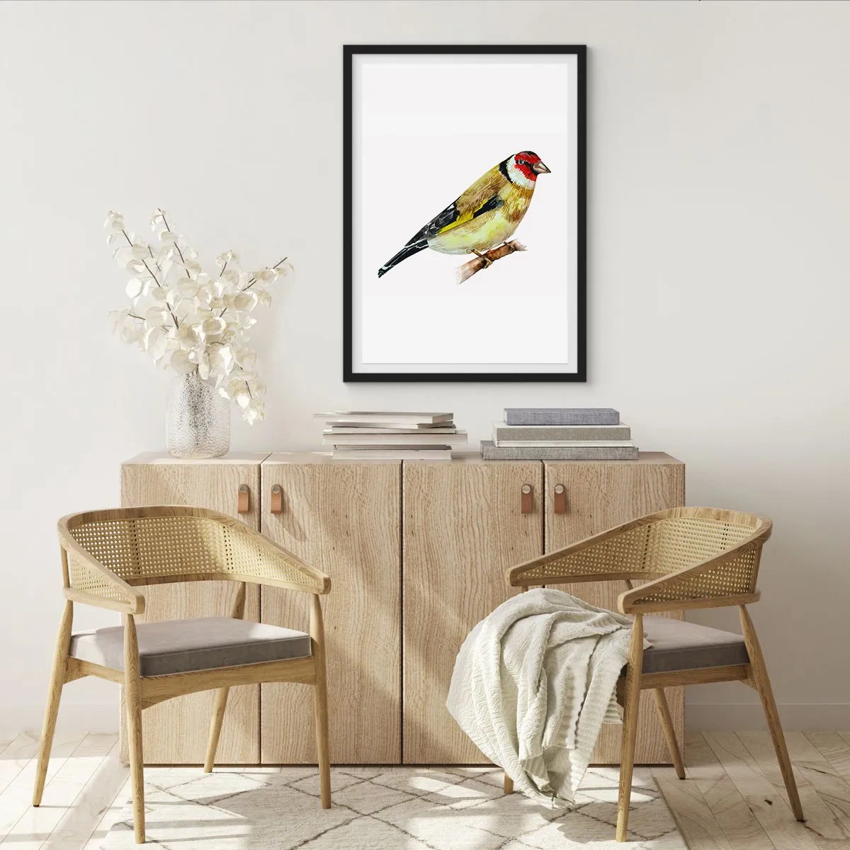 Plakat i sort ramme - Stillits på en gren i akvarelstil - 50x70cm - Portræt af en fugl - Moderne vægdekoration til stue og soveværelse ARTTOR