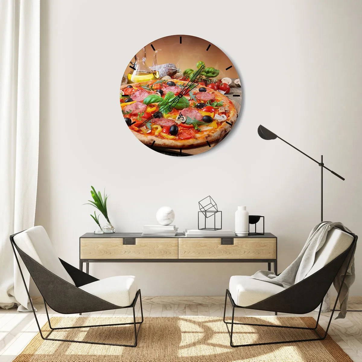 Vægur, Uret - Lækker pizza med toppings på et træbord - 30x30cm - Med en ægte italiensk smag - Moderne vægdekoration til stue, køkken og soveværelse ARTTOR