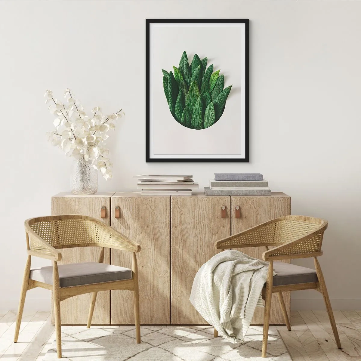 Plakat i sort ramme - Blade i en kunstnerisk komposition på en hvid baggrund - 50x70cm - Uhæmmet nysgerrighed - Moderne vægdekoration til stue og soveværelse ARTTOR