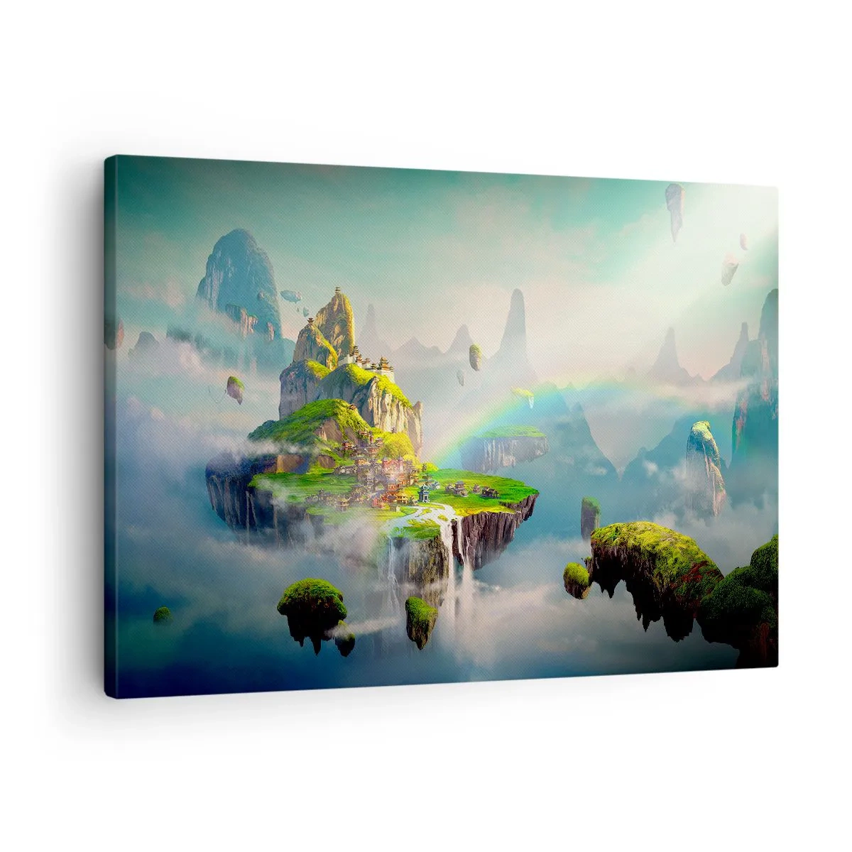 Lærredstryk - Billede på lærred - Flyvende øer blandt skyerne med en regnbue i horisonten - 70x50cm - Midden - lykkelige øer - Moderne vægdekoration til stue og soveværelse ARTTOR