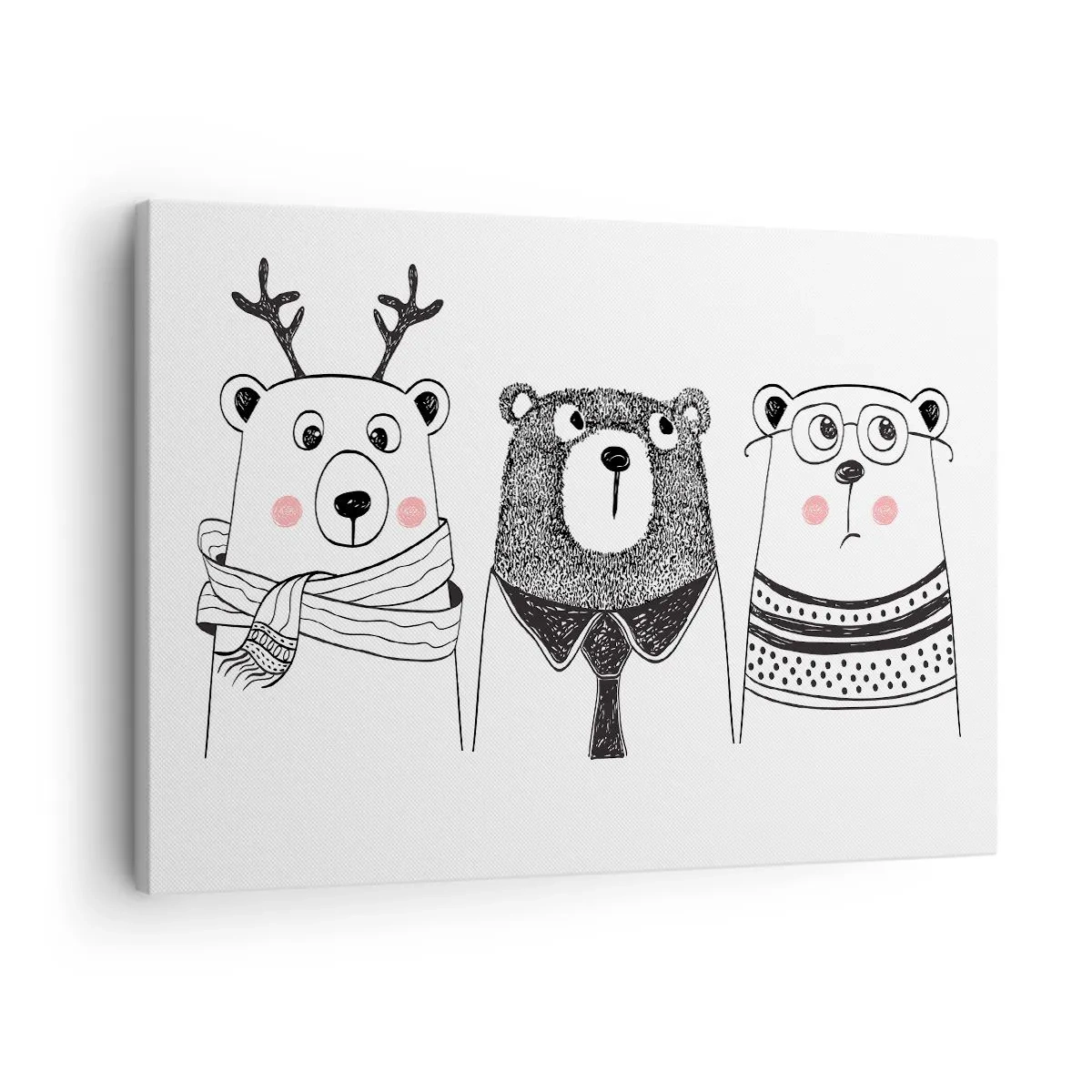 Lærredstryk - Billede på lærred - Tre sjove bjørne i minimalistisk stil - 70x50cm - Bamse, bamse, bamse og bamse - Moderne vægdekoration til stue og soveværelse ARTTOR