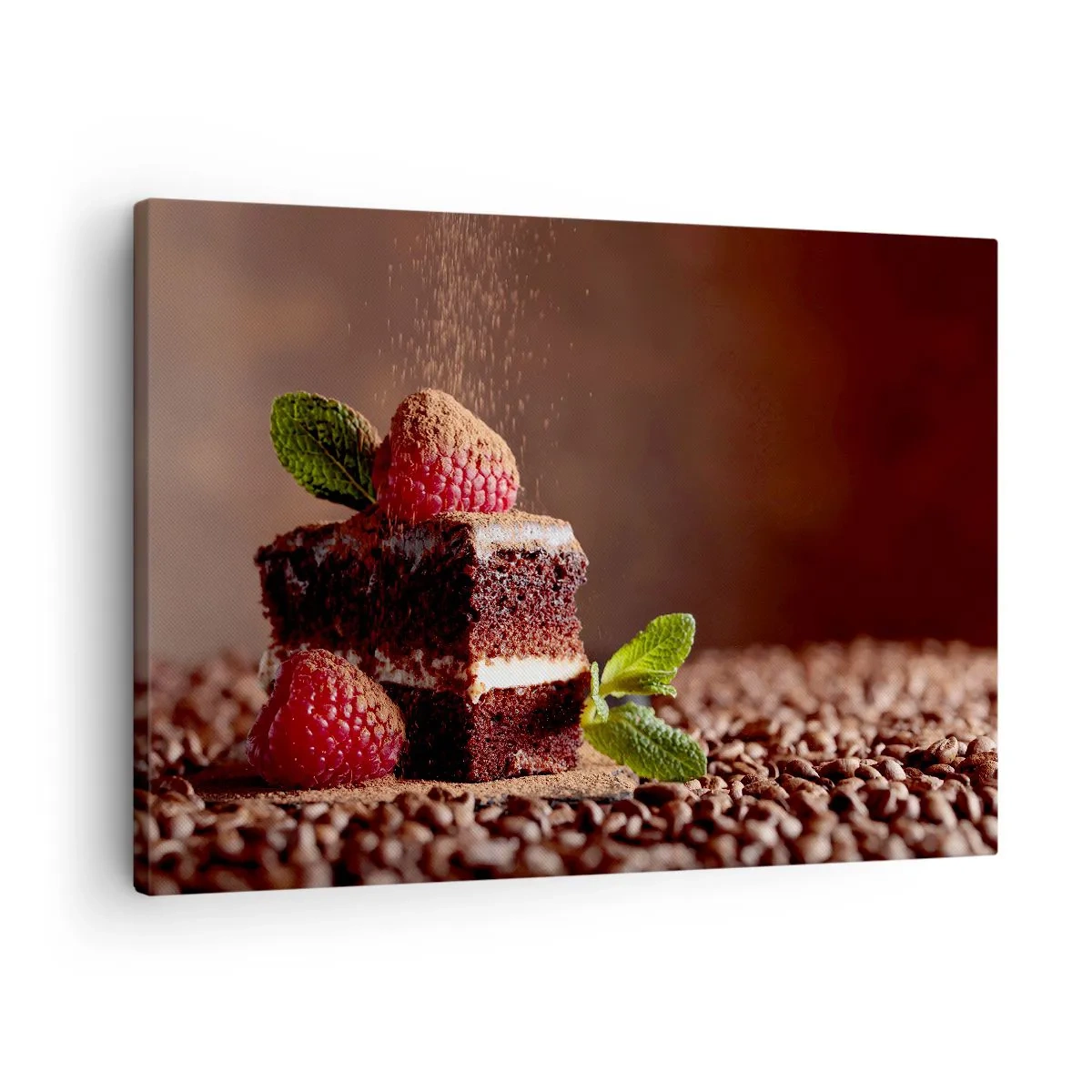 Lærredstryk - Billede på lærred - Chokoladekage med hindbær og mynte på en baggrund af kakaobønner - 70x50cm - Livet er sødt - Moderne vægdekoration til stue og soveværelse ARTTOR