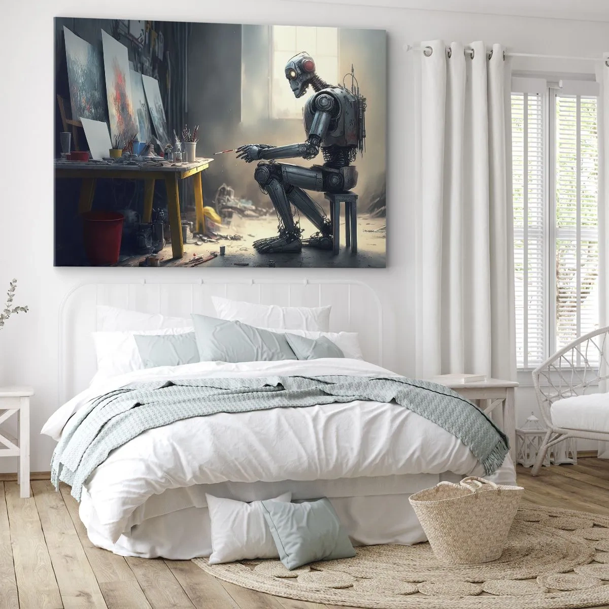Lærredstryk - Billede på lærred - En robot der maler et billede i et kunststudie - 70x50cm - Den skabende handling - Moderne vægdekoration til stue og soveværelse ARTTOR