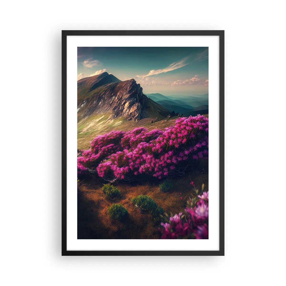 Plakat i sort ramme - Bjerglandskab med blomstrende rhododendroner - 50x70cm - Sommer i bjergene - Moderne vægdekoration til stue og soveværelse ARTTOR