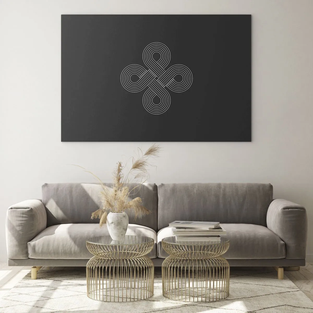 Billede på glas - Minimalistisk hvidt keltisk symbol på sort baggrund - 70x50cm - I den keltiske ånd - Moderne vægdekoration til stue og soveværelse ARTTOR