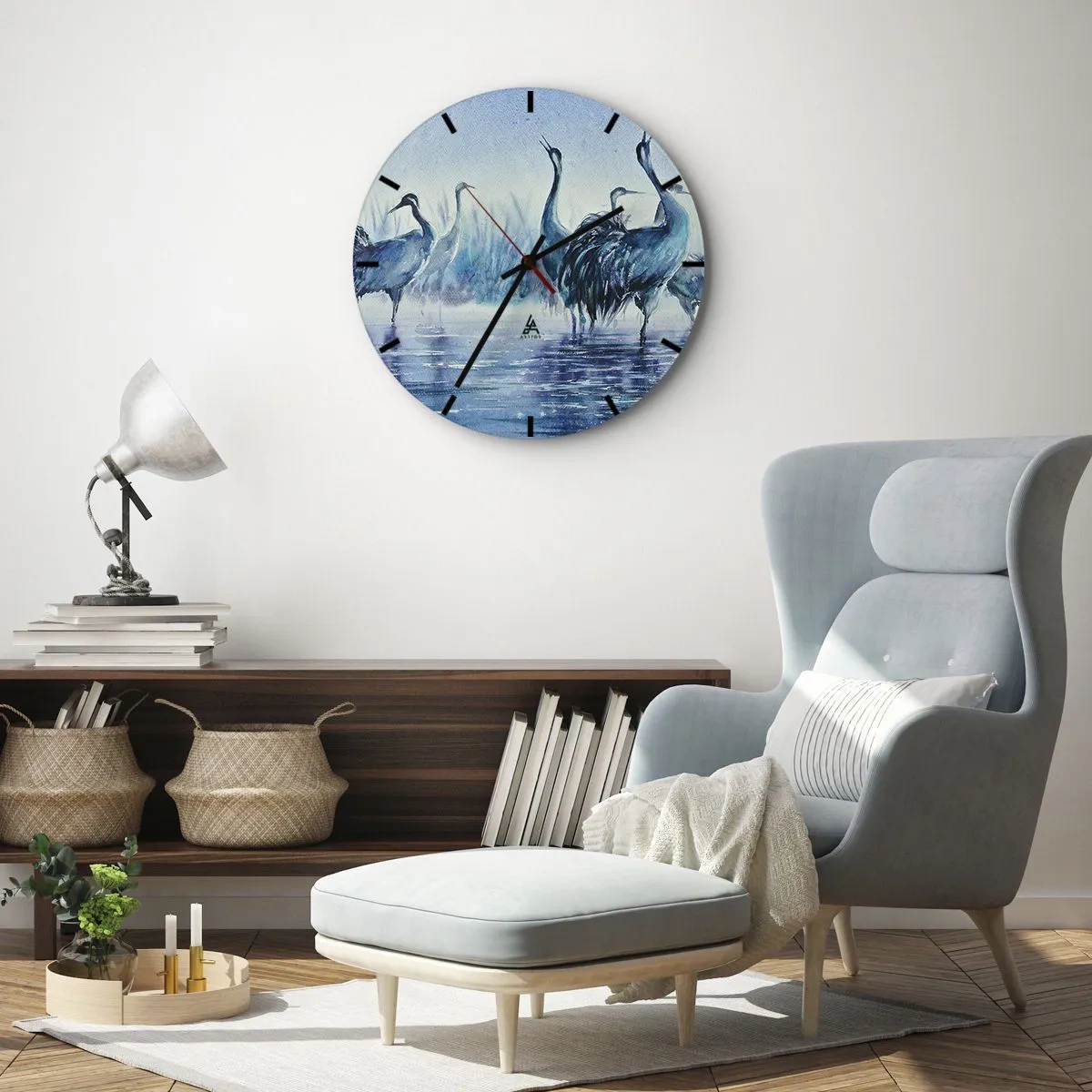 Vægur, Uret - Akvarelmaleri af vadefugle - 30x30cm - Morgenmøde - Moderne vægdekoration til stue, køkken og soveværelse ARTTOR