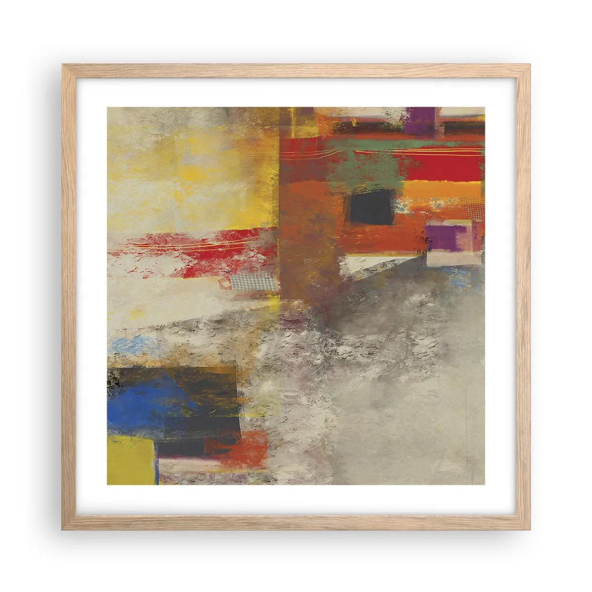 Plakat i ramme af lyst egetræ - Geometri af farver - 50x50 cm