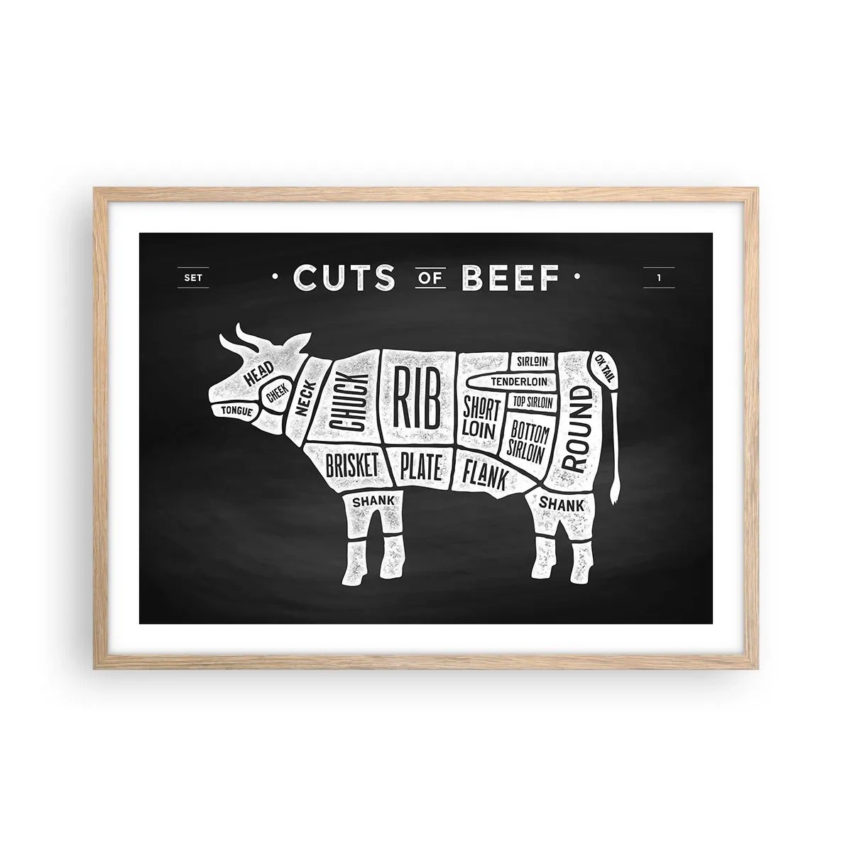 Plakat i ramme af lyst egetræ - Slagterens grundbog - 70x50 cm