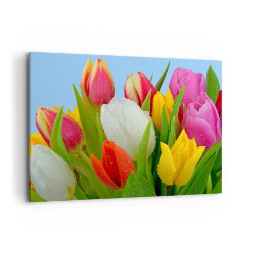 Lærredstryk - Billede på lærred - En blomstret regnbue i dugdråber - 100x70 cm
