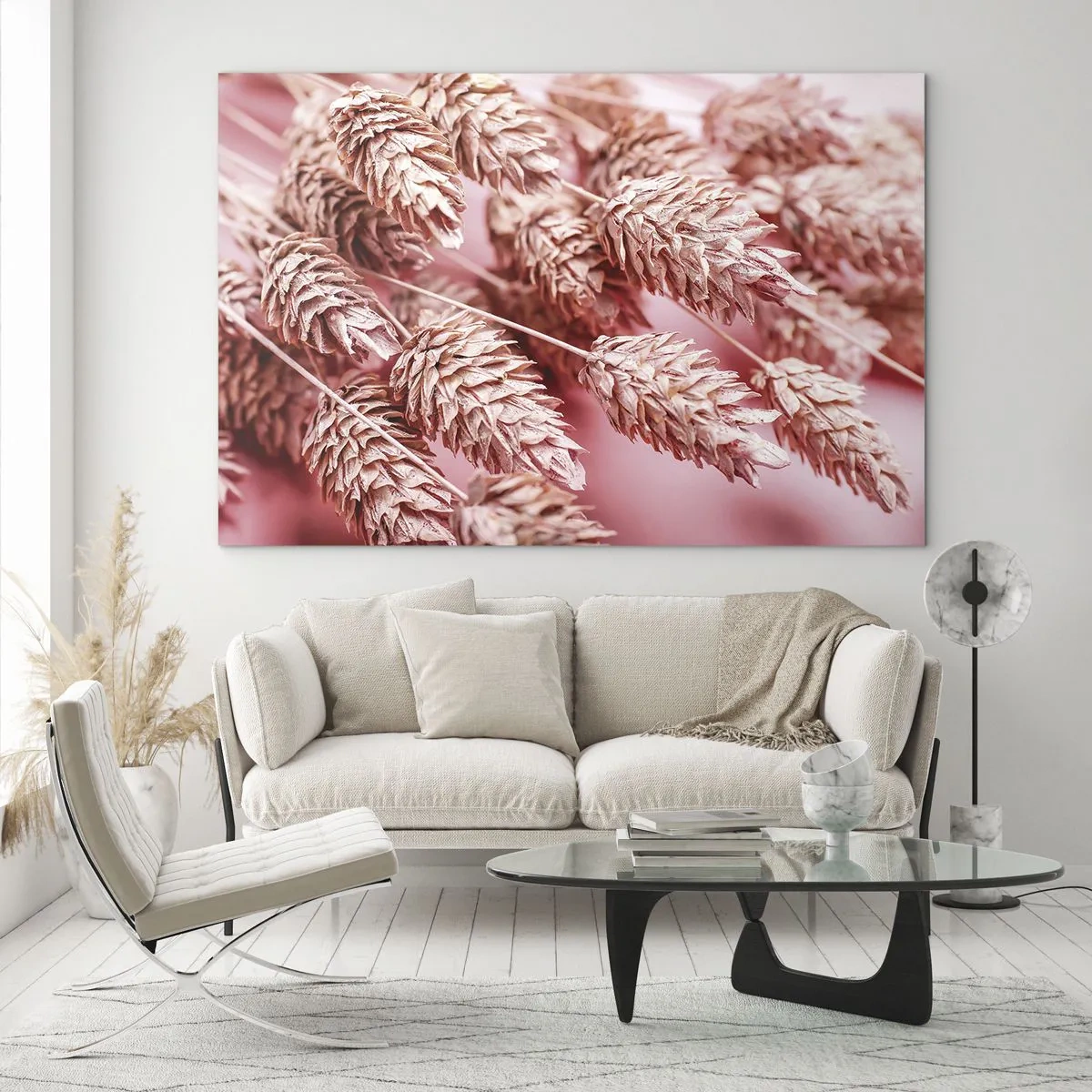 Billede på glas - Tørrede majskolber i lyserøde nuancer på en pastelbaggrund - 70x50cm - Blomsterkaskade i lyserødt - Moderne vægdekoration til stue og soveværelse ARTTOR
