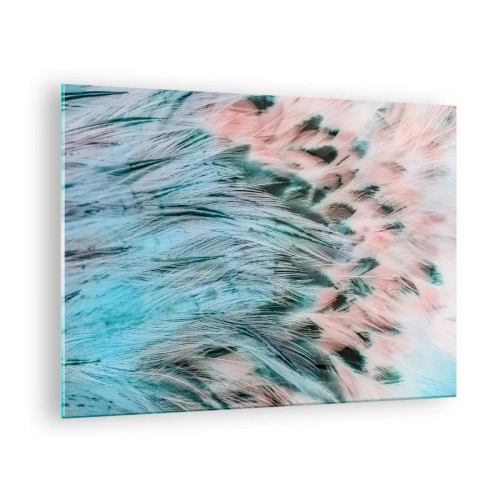 Billede på glas - Nærbillede af fjer i safirrosa nuancer - 70x50cm - Safir lyserød fnug - Moderne vægdekoration til stue og soveværelse ARTTOR