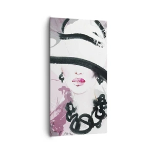 Lærredstryk - Billede på lærred - Portræt af en dame i sort og lyserødt - 65x120 cm
