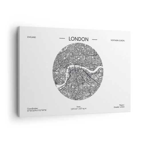 Lærredstryk - Billede på lærred - Et minimalistisk kort over London i sort-hvid med præcise detaljer. - 70x50cm - Londons anatomi - Moderne vægdekoration til stue og soveværelse ARTTOR