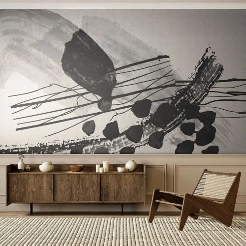 Fototapet Standard Eco - Sort-hvid abstraktion med organiske linjer og pletter - 100x70cm - Sort og hvid organisk abstraktion - Moderne vægdekoration til stue og soveværelse ARTTOR