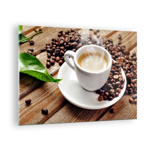 Billede på glas - En kop kaffe omgivet af bønner på et træbord - 70x50cm - Kaffe på bænken - Moderne vægdekoration til stue og soveværelse ARTTOR