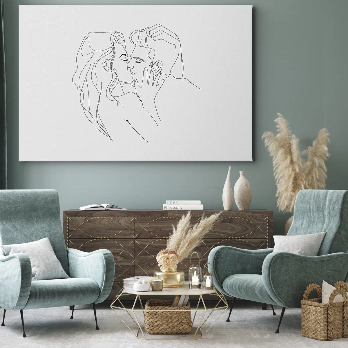 Lærredstryk - Billede på lærred - Omridset af et kyssende par på en lys baggrund - 70x50cm - I samme linje - Moderne vægdekoration til stue og soveværelse ARTTOR