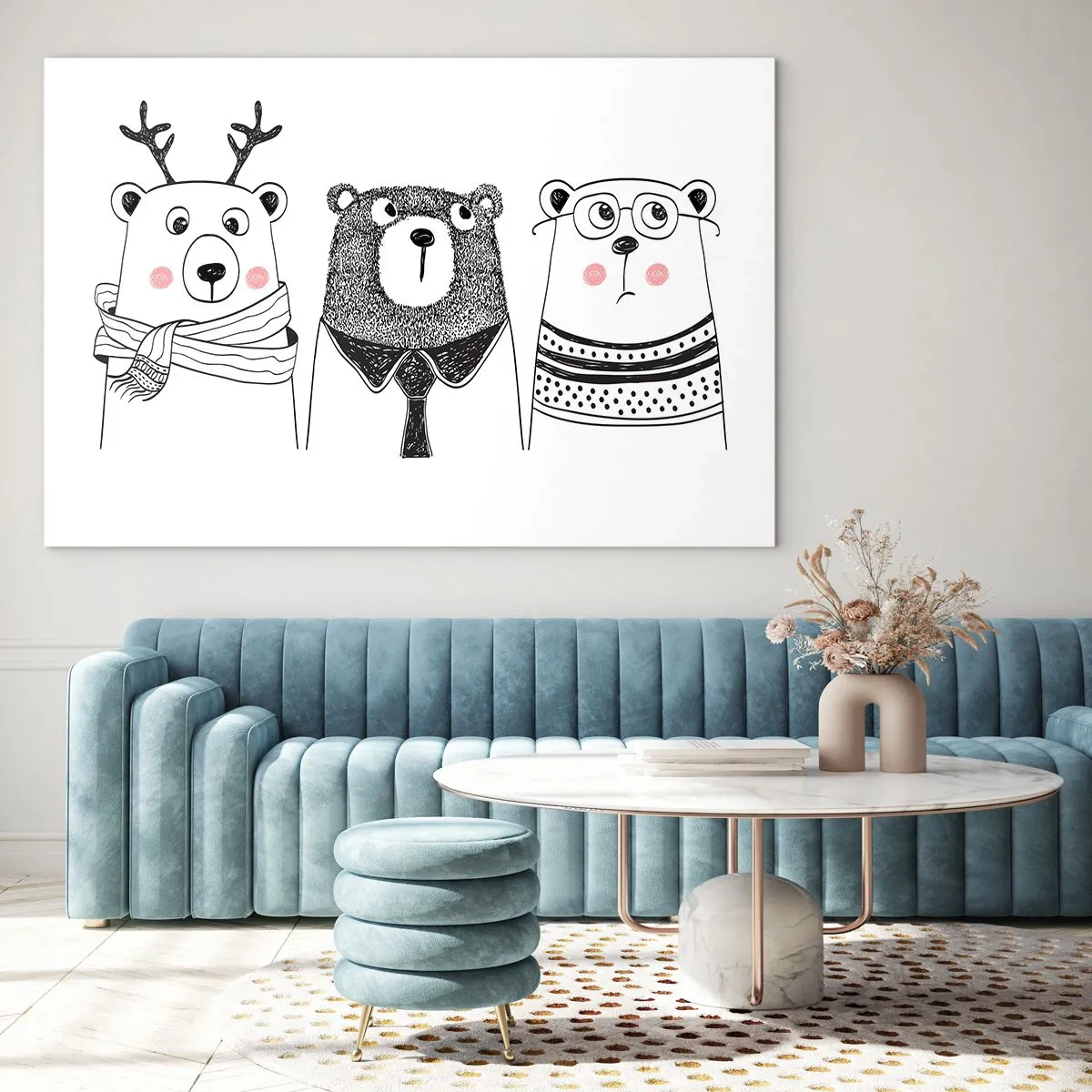 Billede på glas - Tre sjove bjørne i en sort-hvid illustration - 70x50cm - Bamse, bamse, bamse og bamse - Moderne vægdekoration til stue og soveværelse ARTTOR