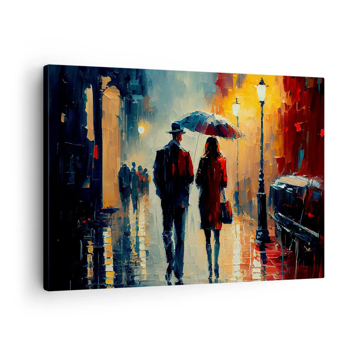 Lærredstryk - Billede på lærred - Gåtur i regnen under en paraply i byen om natten - 70x50cm - Urban kærlighedshistorie - Moderne vægdekoration til stue og soveværelse ARTTOR