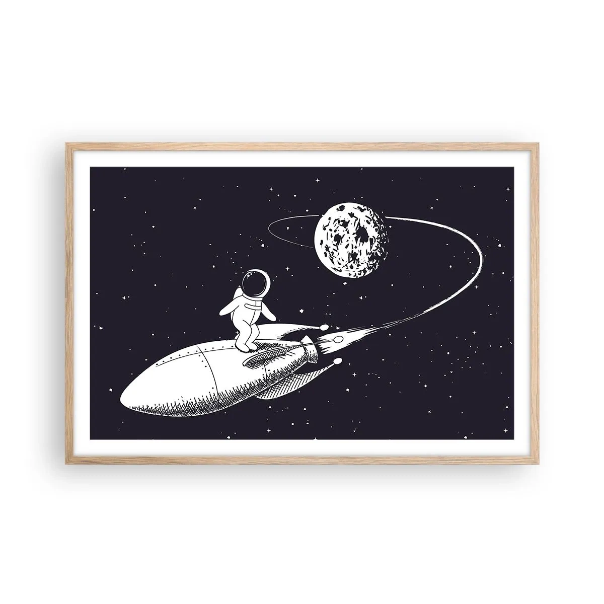 Plakat i ramme af lyst egetræ - Space surfer - 91x61 cm