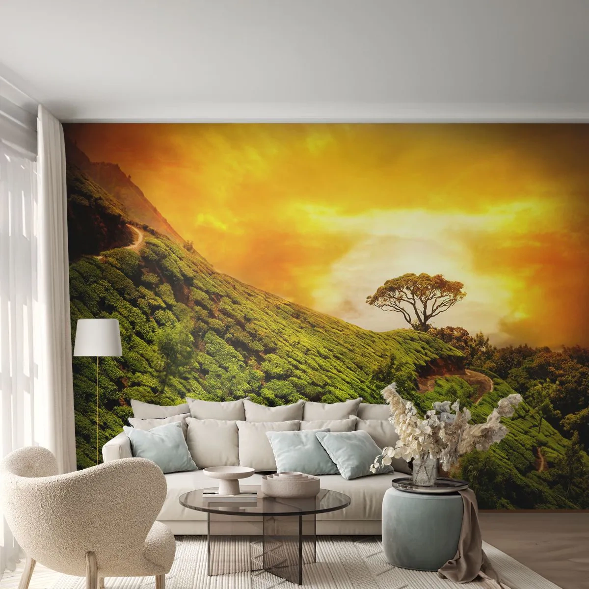 Fototapet Premium Sand - En snoet sti, en grøn skråning - Landskab, Teplantage, Indien - 100x70 cm