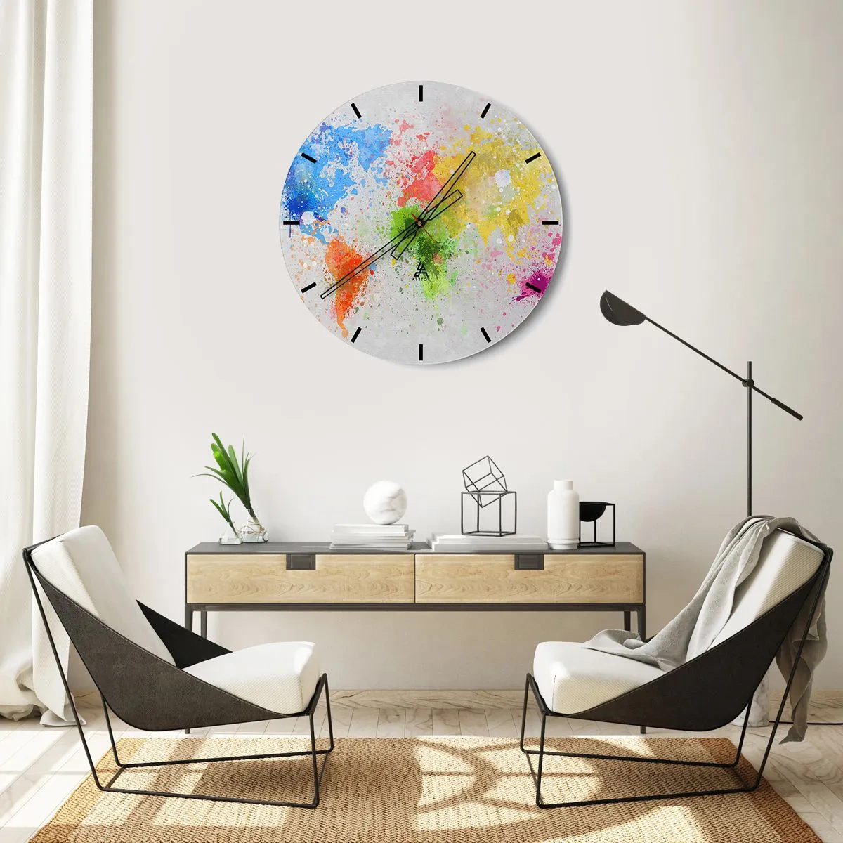 Vægur, Uret - Et farverigt verdenskort i form af akvarelpletter - 30x30cm - Alle verdens farver - Moderne vægdekoration til stue, køkken og soveværelse ARTTOR