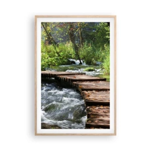 Plakat i ramme af lyst egetræ - Over en skummende kaskade - 61x91 cm