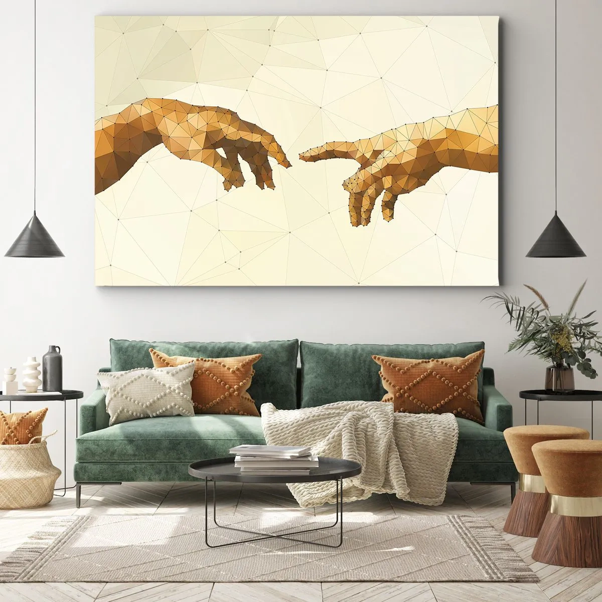 Lærredstryk - Billede på lærred - Geometriske hænder rækker ud mod hinanden mod en lys baggrund - 70x50cm - Guddommelig geometri - Moderne vægdekoration til stue og soveværelse ARTTOR