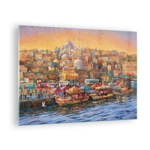 Billede på glas - En farverig havn med både og et bypanorama ved solnedgang - 70x50cm - En historie fra Istanbul - Moderne vægdekoration til stue og soveværelse ARTTOR